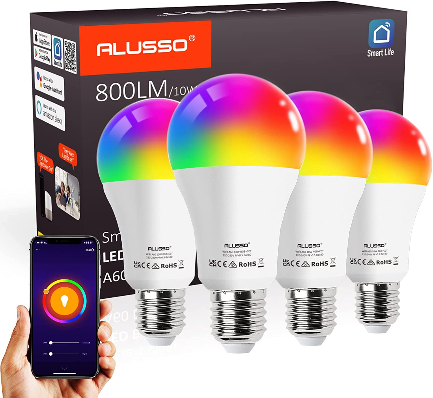 WiFi Smart Bulb A60 E27 LED, 10W RGB+CCT Dimmable 800LM, Works with Alexa & Google Home