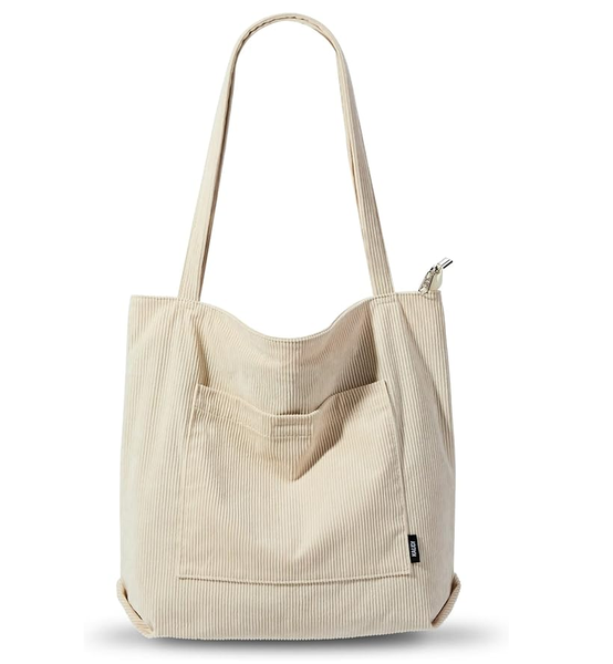 Corduroy Tote Bag with Zipper – Large Waterproof Shoulder Bag for Women