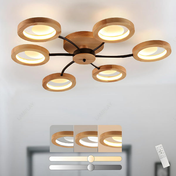 94cm LED Wooden Ceiling Light – Dimmable with Remote, Flower Design