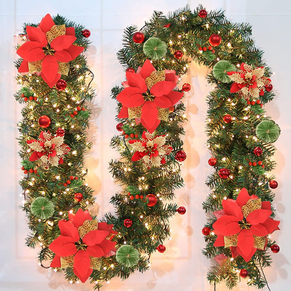 9ft/270cm Christmas Garland - Pre-Lit Pine with Red Flowers & Balls, Indoor/Outdoor Xmas Decor for Stairs, Fireplace