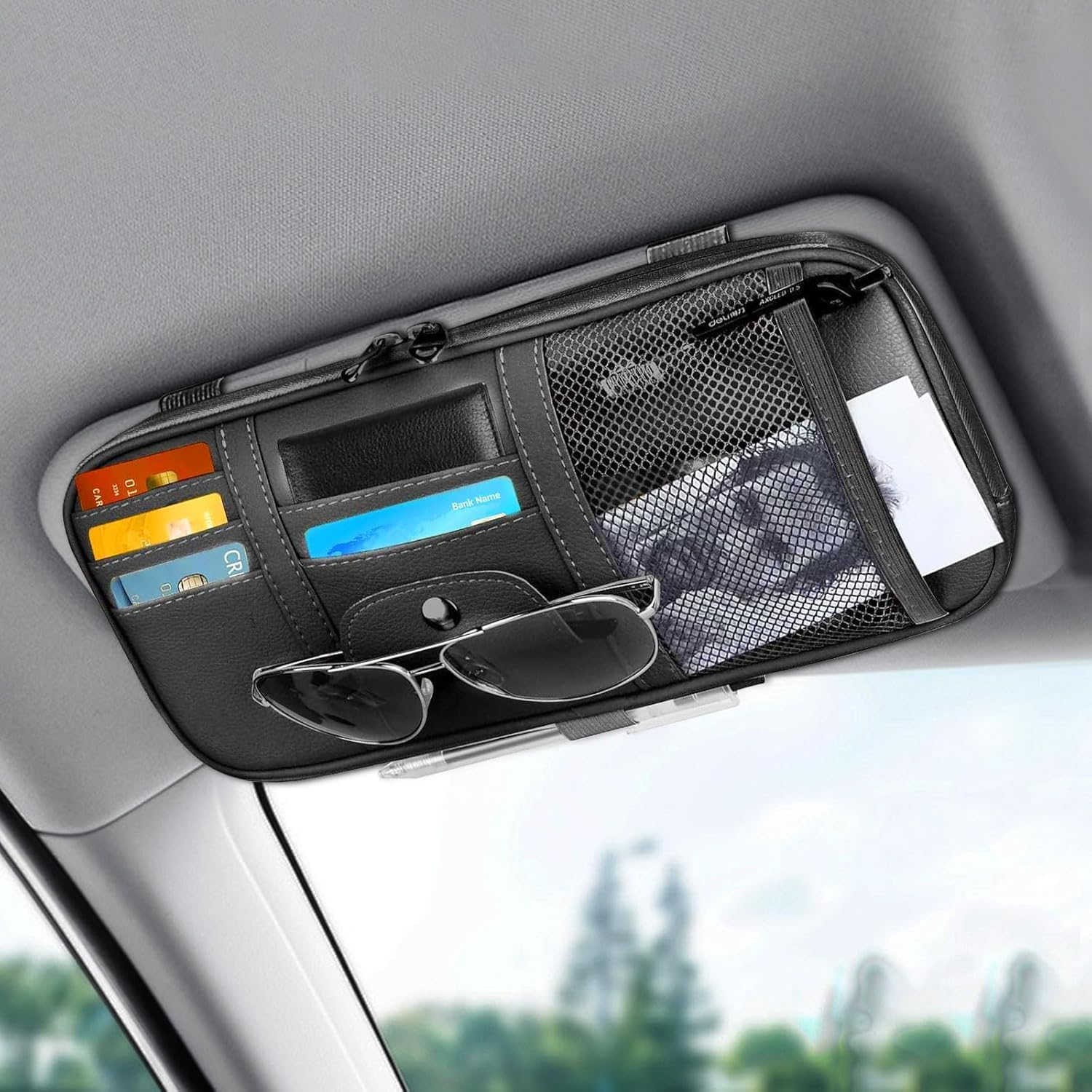 Leather Car Sun Visor Organizer – Multi-Pocket Sunglasses, Card & Document HolderLeather Car Sun Visor Organizer – Multi-Pocket Sunglasses, Card & Document Holder