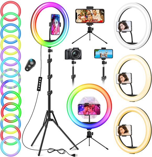 12.6" LED Selfie Ring Light with 74" Tripod & Phone Holder, 40 RGB Modes, Remote for TikTok, YouTube