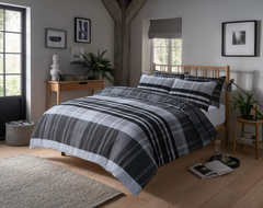 Olivia Rocco Hudson Check Duvet Cover Set – Cotton Rich Bedding, Black/Grey Double