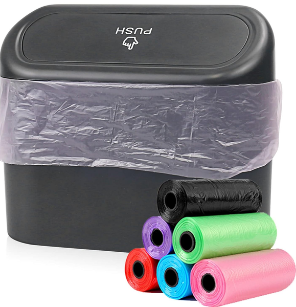 ABS Waterproof Mini Trash Can with 90 Bags – Push-Lid Car, Home & Office Organizer Bin (16×14×7cm)