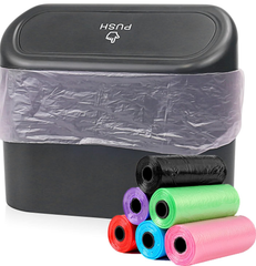 ABS Waterproof Mini Trash Can with 90 Bags – Push-Lid Car, Home & Office Organizer Bin (16×14×7cm)