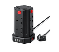 8-Way Tower Extension Lead with 4 USB Ports, 13A 3250W Power Strip, 2M Cable