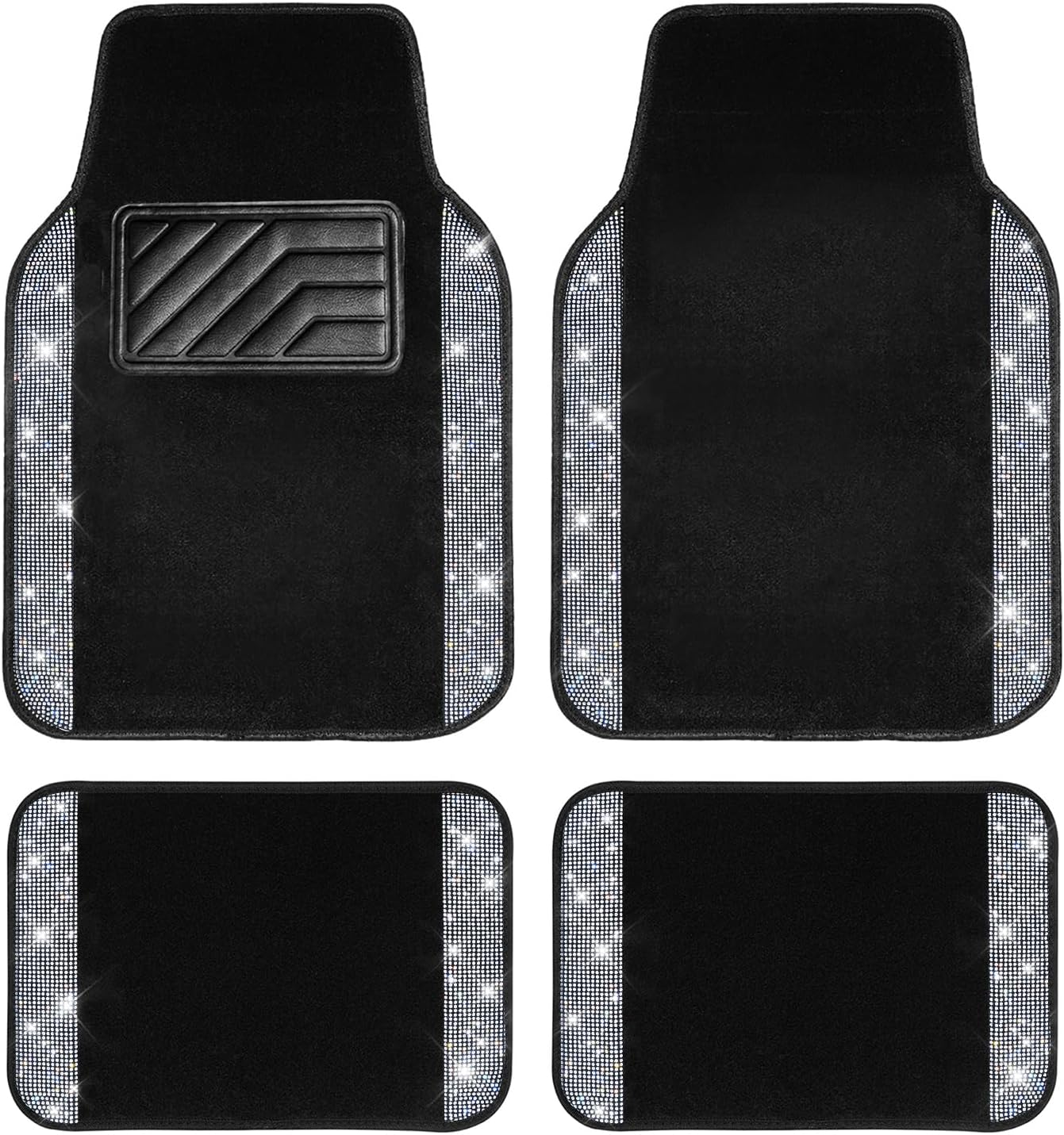 Luxury Bling Diamond Car Floor Mats – 4PCS Sparkly Rhinestone Waterproof Set for Cars, SUVs & Vans (Black Silver)