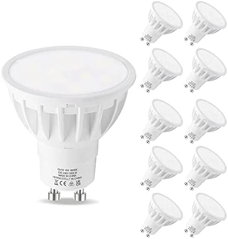 GU10 LED Bulbs Cool White 6000K, 5.5W LED Spotlight 50W Halogen Equivalent, 500LM, Energy Saving Light Bulbs, Non Dimmable, Pack of 10