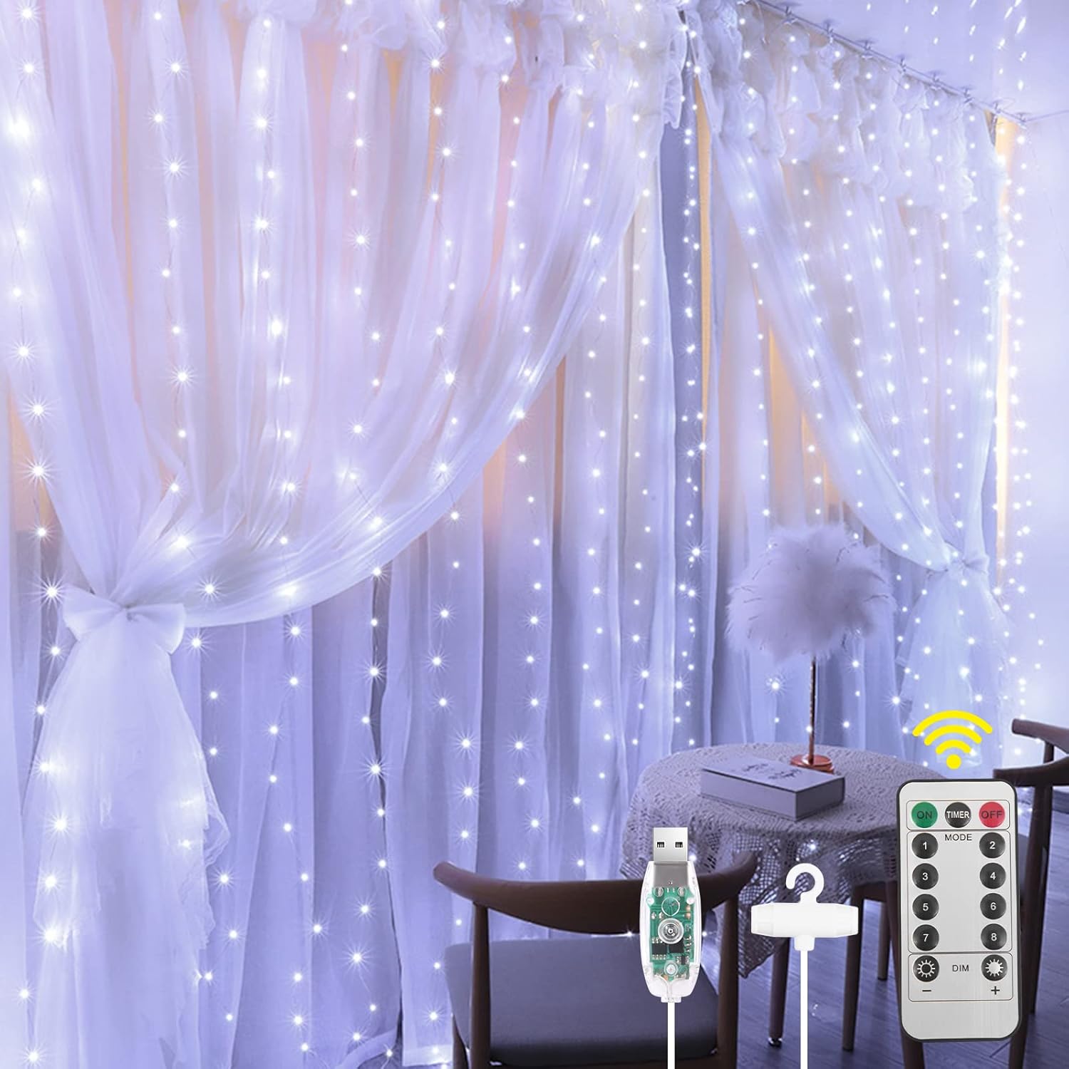 300 LED Cold White Curtain Fairy Lights with Remote