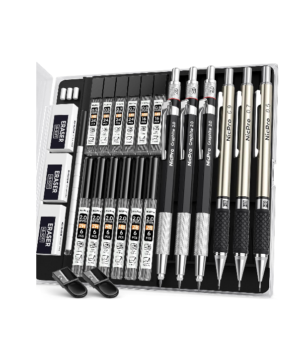 6PCS Mechanical Pencil Set – 0.5mm 0.7mm 0.9mm & 2mm Lead Holders with 12 Tube Refills