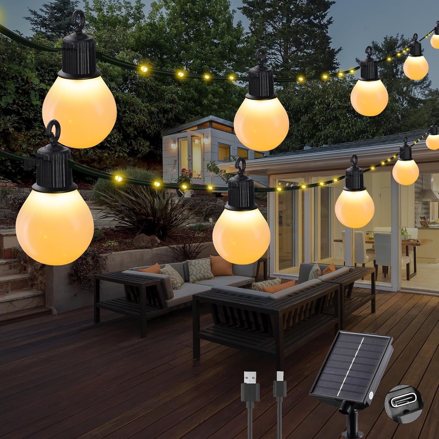 Warm White Solar Garden Lights – 100 LEDs, USB, Waterproof