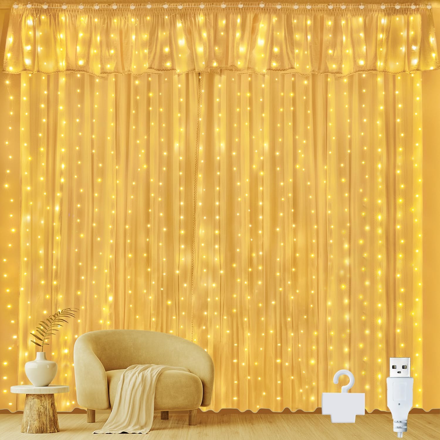 300 LED Curtain Fairy Lights Warm White for Indoor Outdoor
