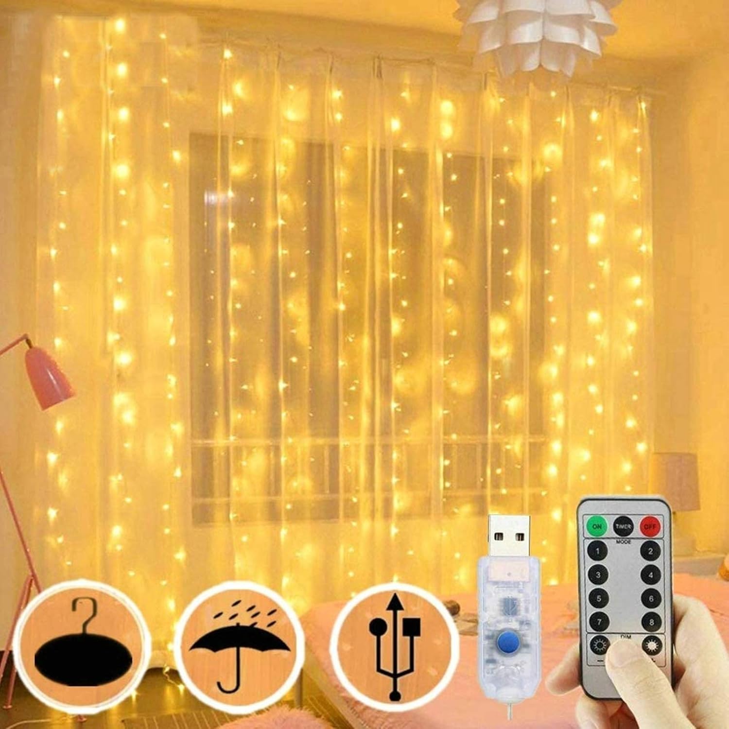 300 LED USB Curtain Lights – 8 Modes, Waterproof, Remote