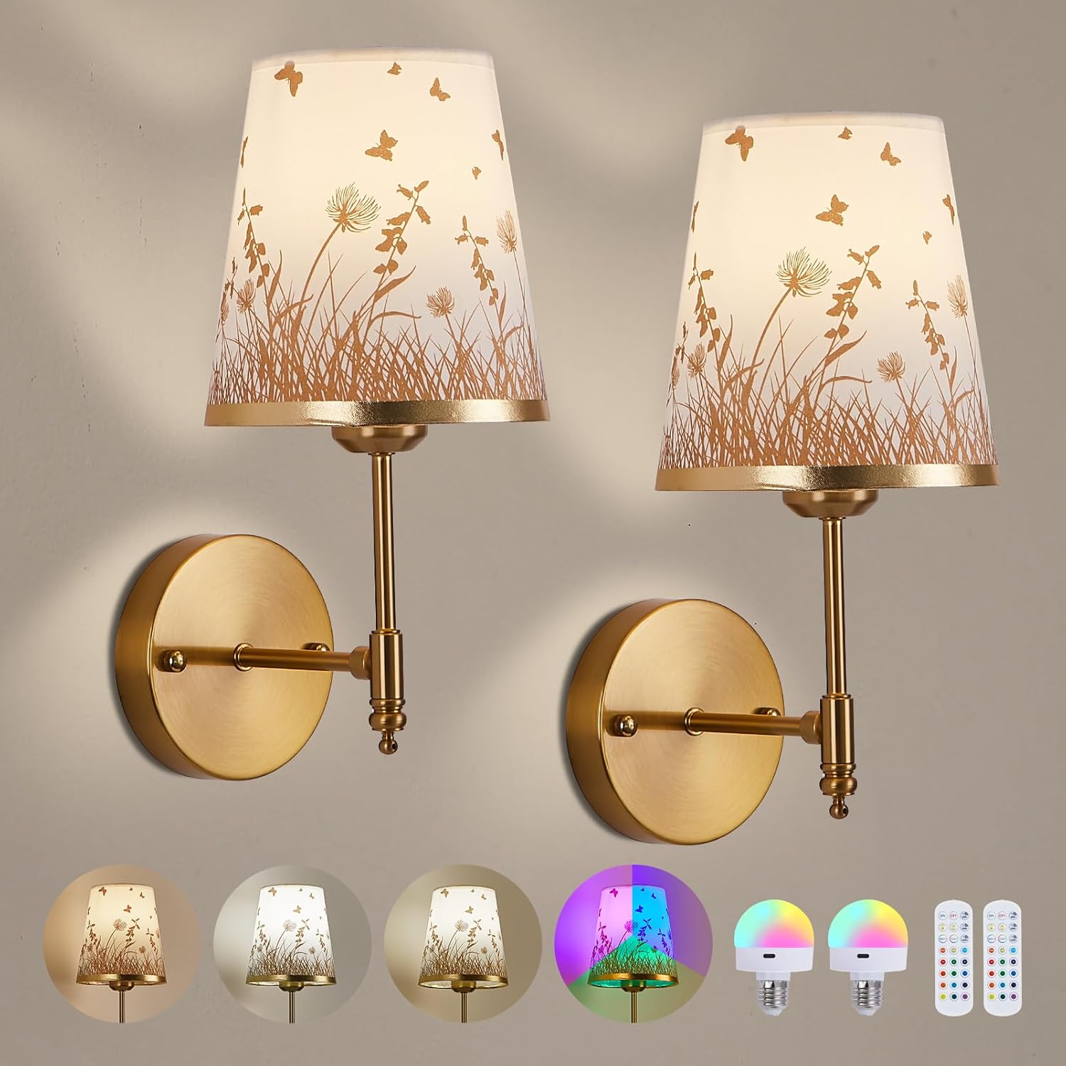 Gold Battery Wall Sconces Set – Floral Shade, RGB Light