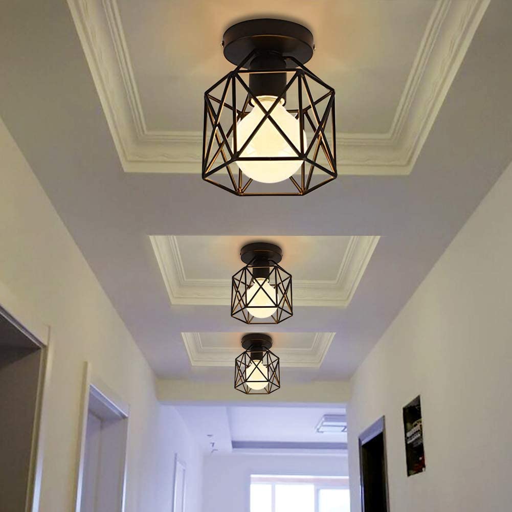 Vintage Semi Flush Ceiling Light – Black Metal Cage Fixture with E27 Holder for Living Room, Kitchen, Bedroom, or Hallway