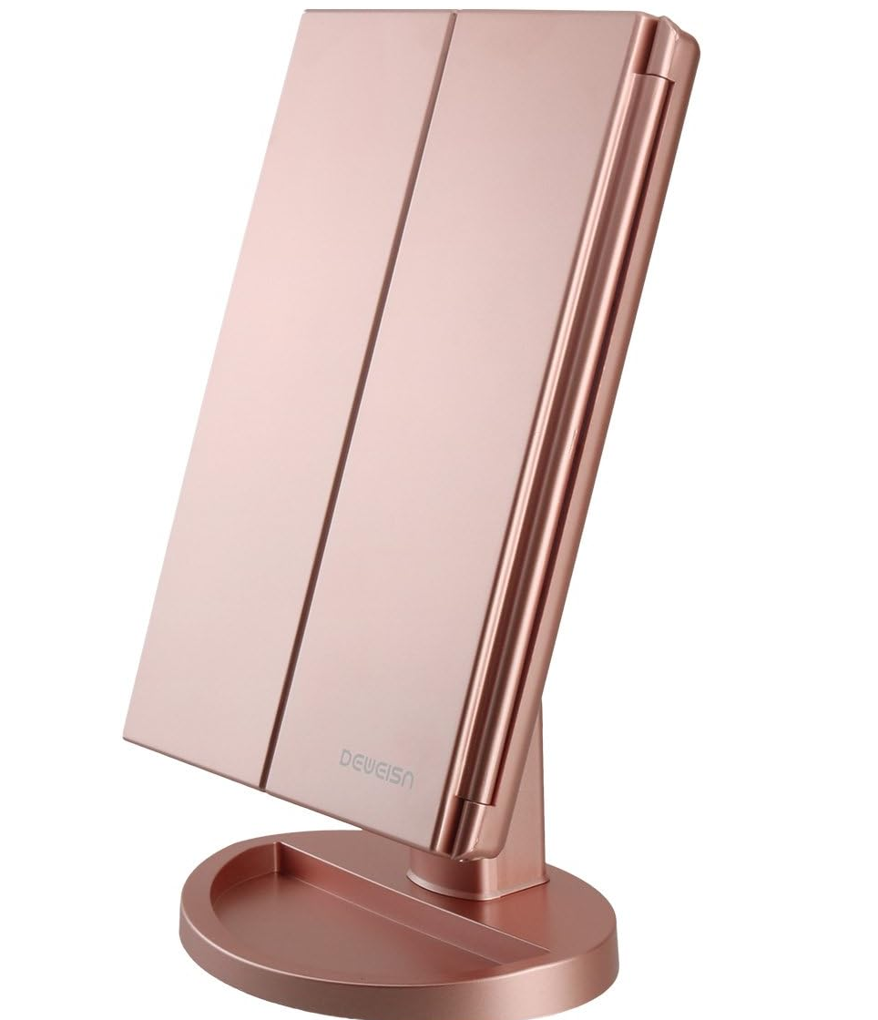 DeWEISN Lighted Makeup Vanity Mirror – 21 LED, 3X/2X/1X Magnification, Rose Gold