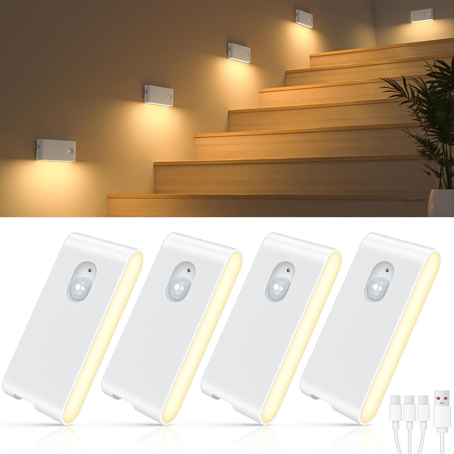 Wireless Motion Sensor Stair Lights – USB Rechargeable Magnetic Night Lights (4 Pack)