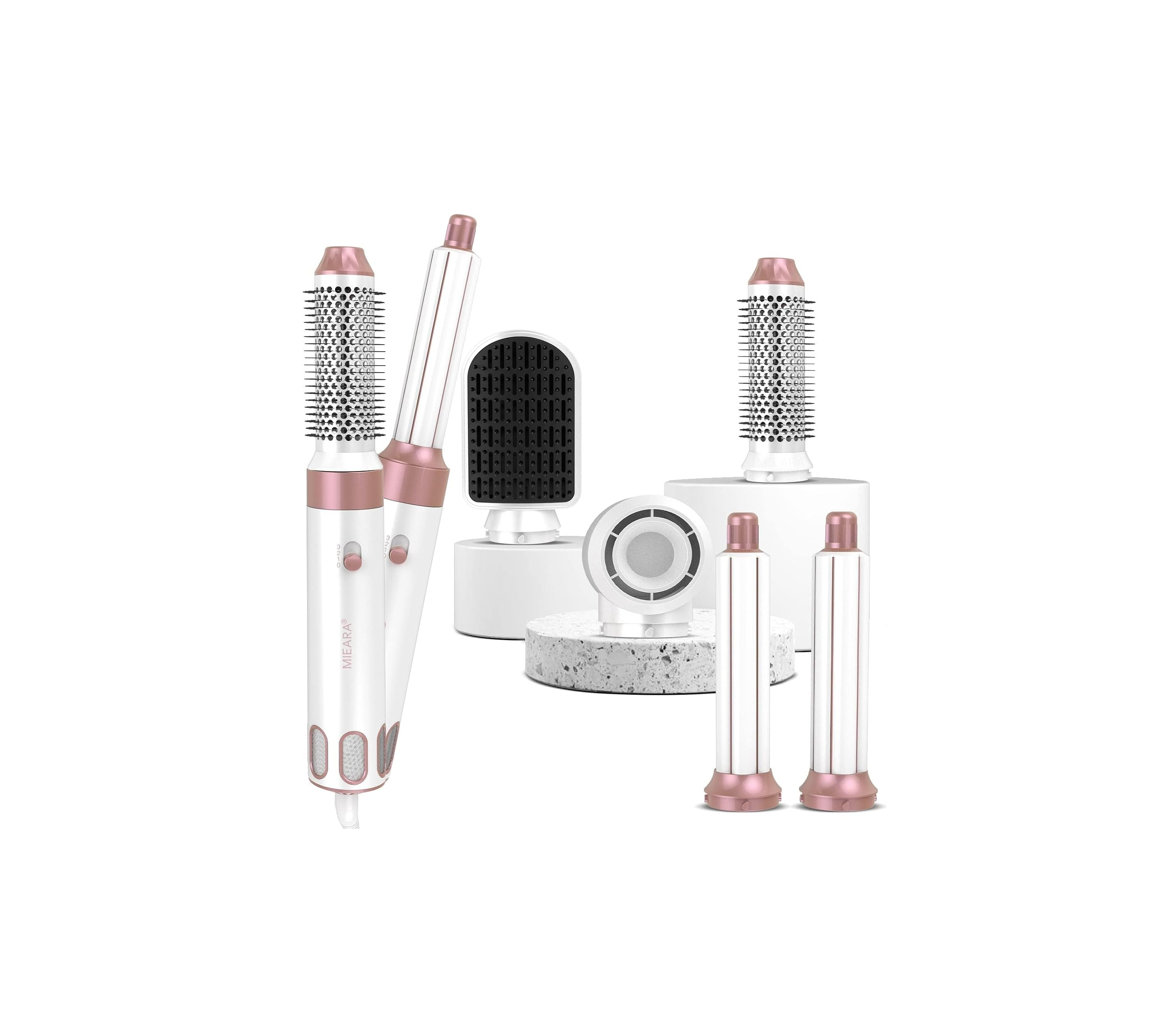 5-in-1 Hot Air Styler – Ionic Hair Dryer Brush with Rotating Barrel for Drying, Styling & Volumizing (Rose Gold & White)