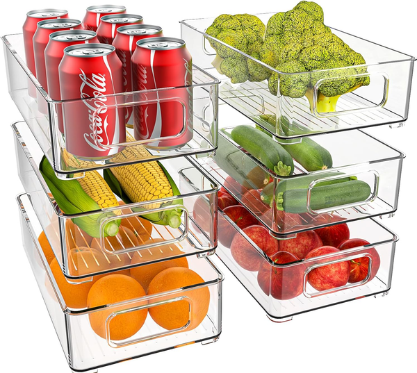 Stackable Fridge Organiser Set of 6 – Clear Plastic Kitchen Storage Boxes for Pantry & Cabinets