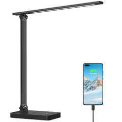 Dimmable LED Desk Lamp with USB Charging Port - 3 Color Modes, 5 Brightness Levels, Eye-Caring