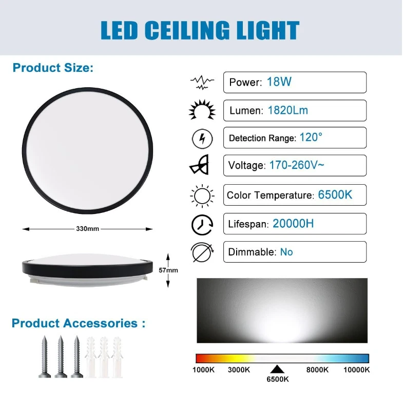 Modern Round LED Ceiling Light – 12W/18W, Waterproof, 6500K