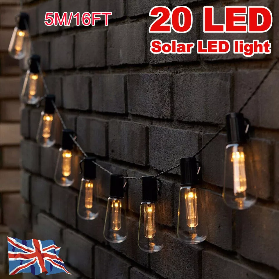 Solar Powered Retro Bulb String Lights – Warm White LED Outdoor Garden & Party Lighting