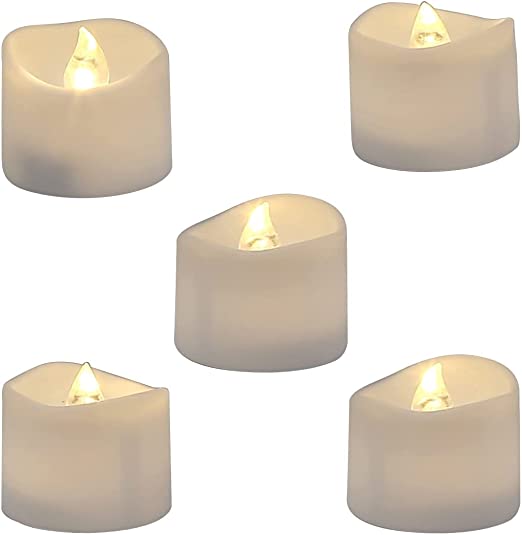 Realistic and Bright Flickering Flameless LED Tea Light Battery Operated Pack of 12, Electric Fake Candle in Warm White & Wave Open