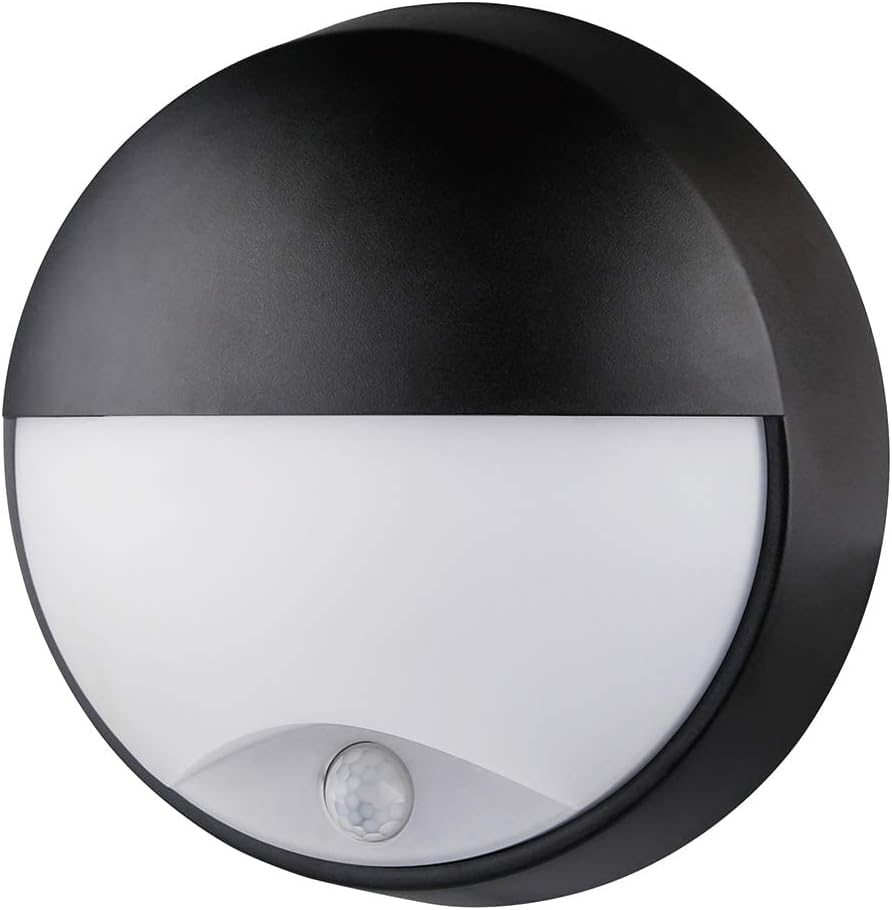 IP54 Flush Wall Mounted PIR Sensor Semicircle Bulkhead Light Fixture for Outdoor,Garden, Shed, Porch, Garage, Workshop, Patio,Hallway,Corridor- Black