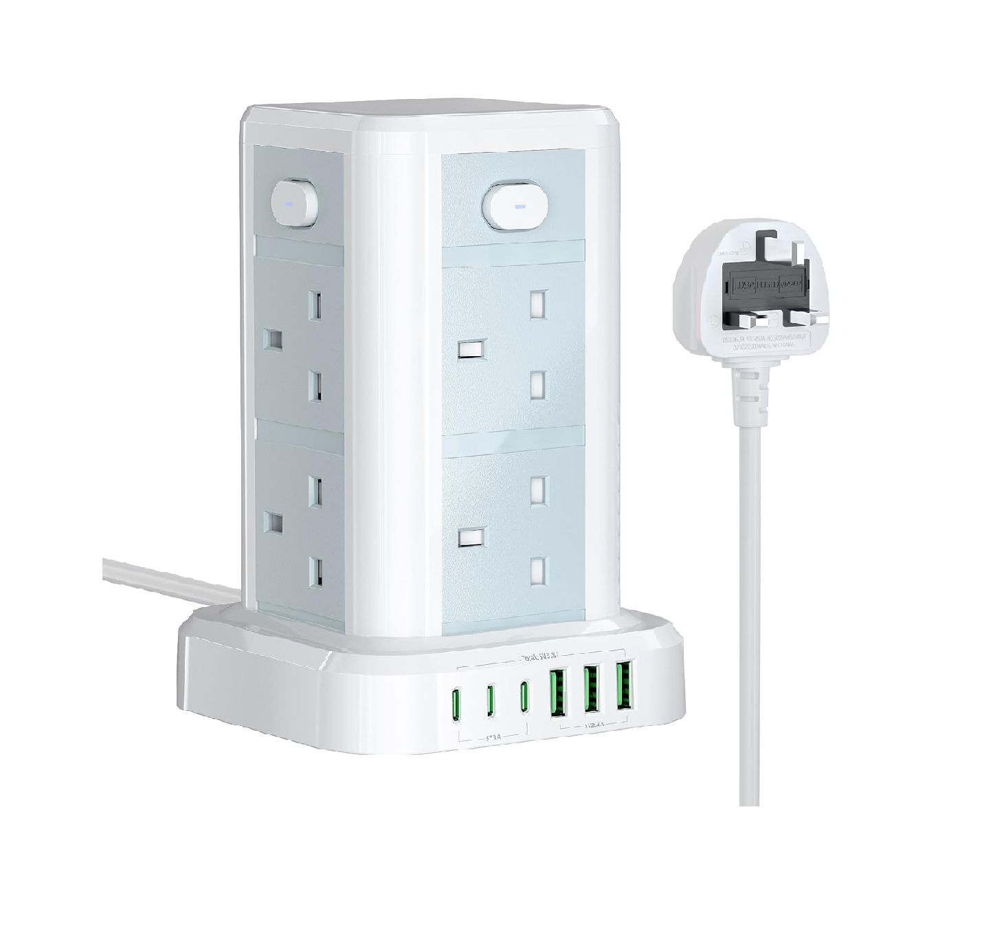 8-Way Tower Extension Lead with 6 USB Ports, 13A 3250W Multi Plug Power Strip