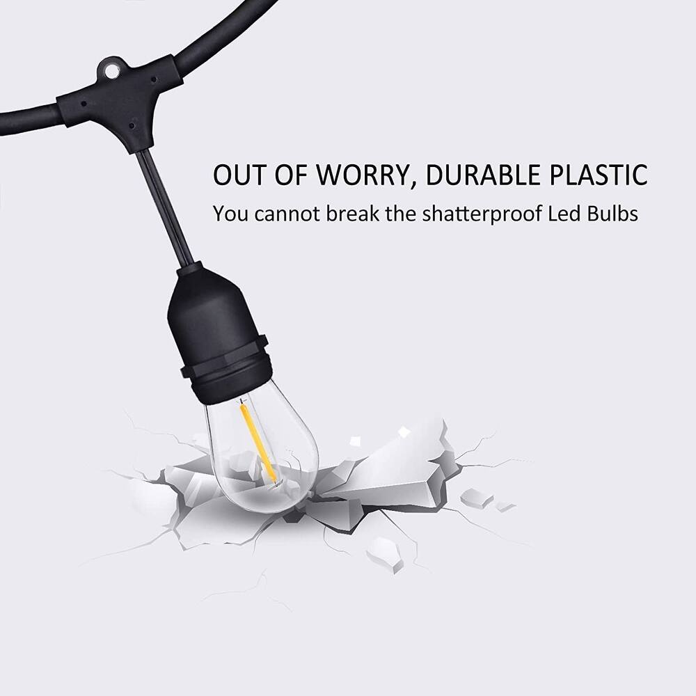 48FT Outdoor LED String Lights, S14 Festoon Lights with 15 E27 Sockets, IP65 Waterproof, 2700K Warm White for Garden, Patio, Party