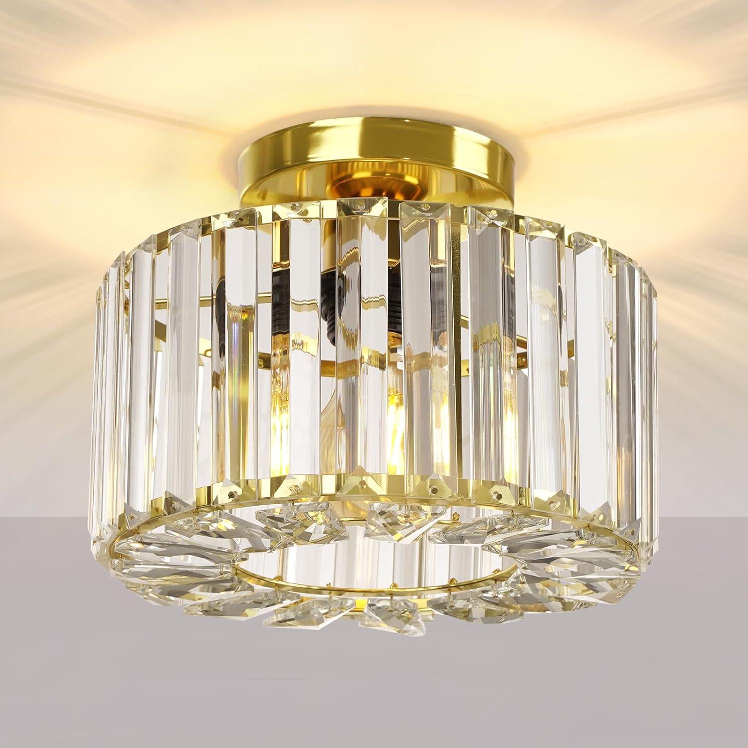Gold Crystal Semi Flush Mount Ceiling Light, Modern Industrial Fixture