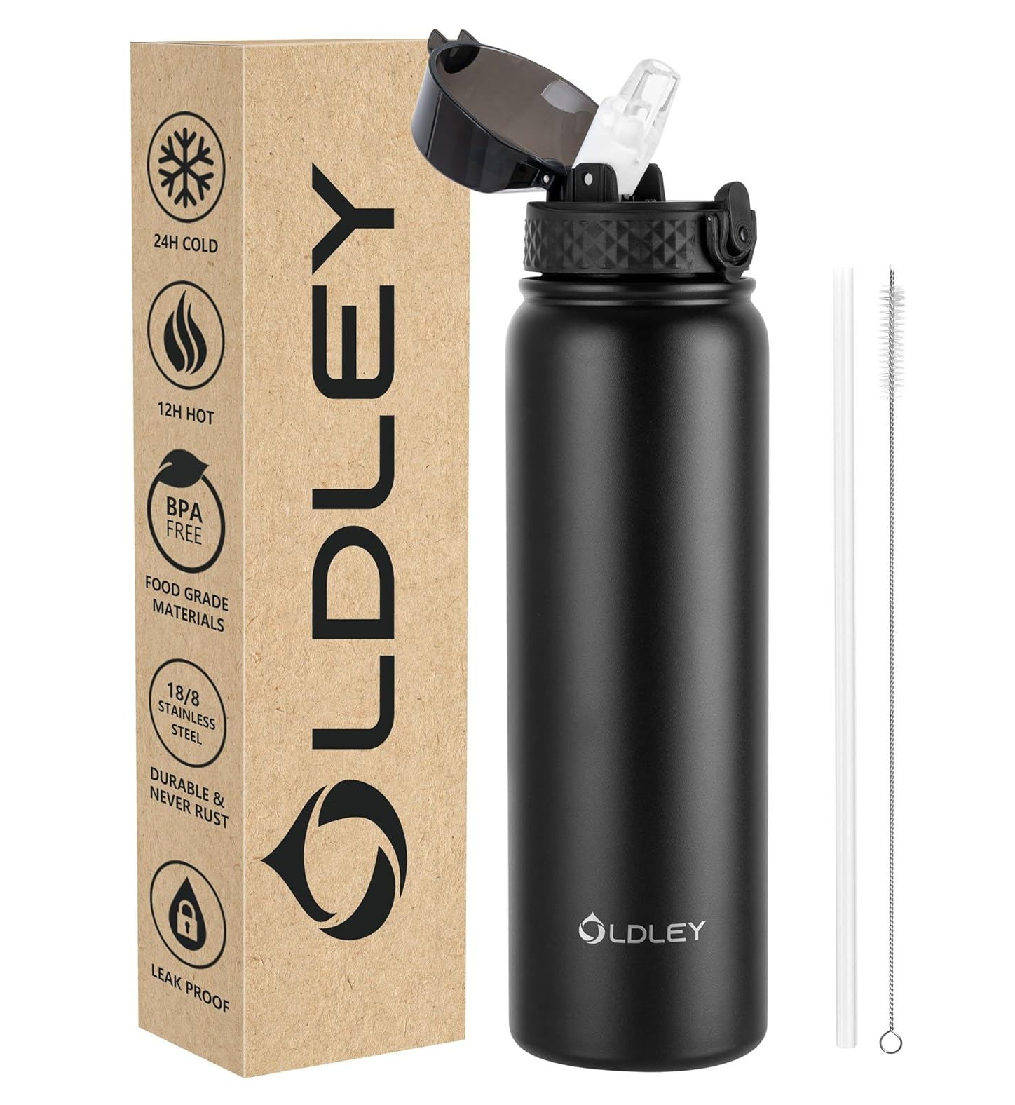 1L Stainless Steel Insulated Water Bottle – Black Leakproof Flask with Straw Lid