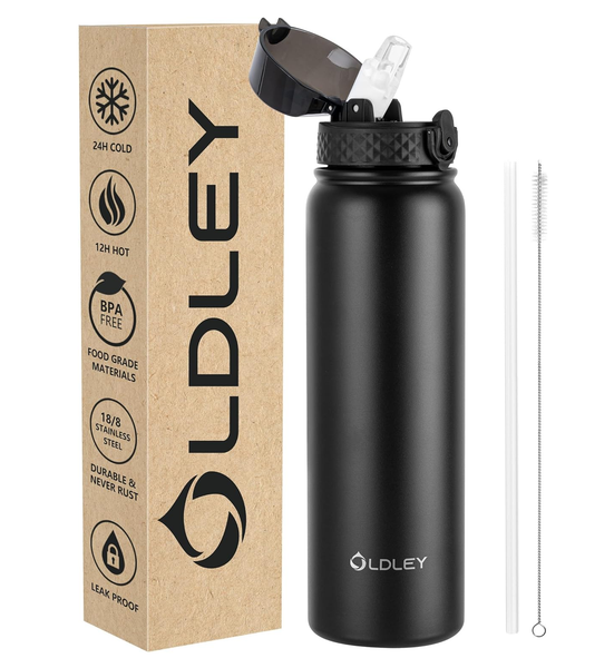 1L Stainless Steel Insulated Water Bottle – Black Leakproof Flask with Straw Lid