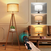 Solid Wood Tripod Floor Lamp with Remote & Shelf