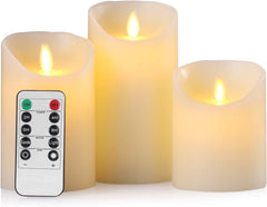 Set of 3 Flameless Wax Pillar Candles - Battery Operated with Flickering Moving Wick, Remote Control