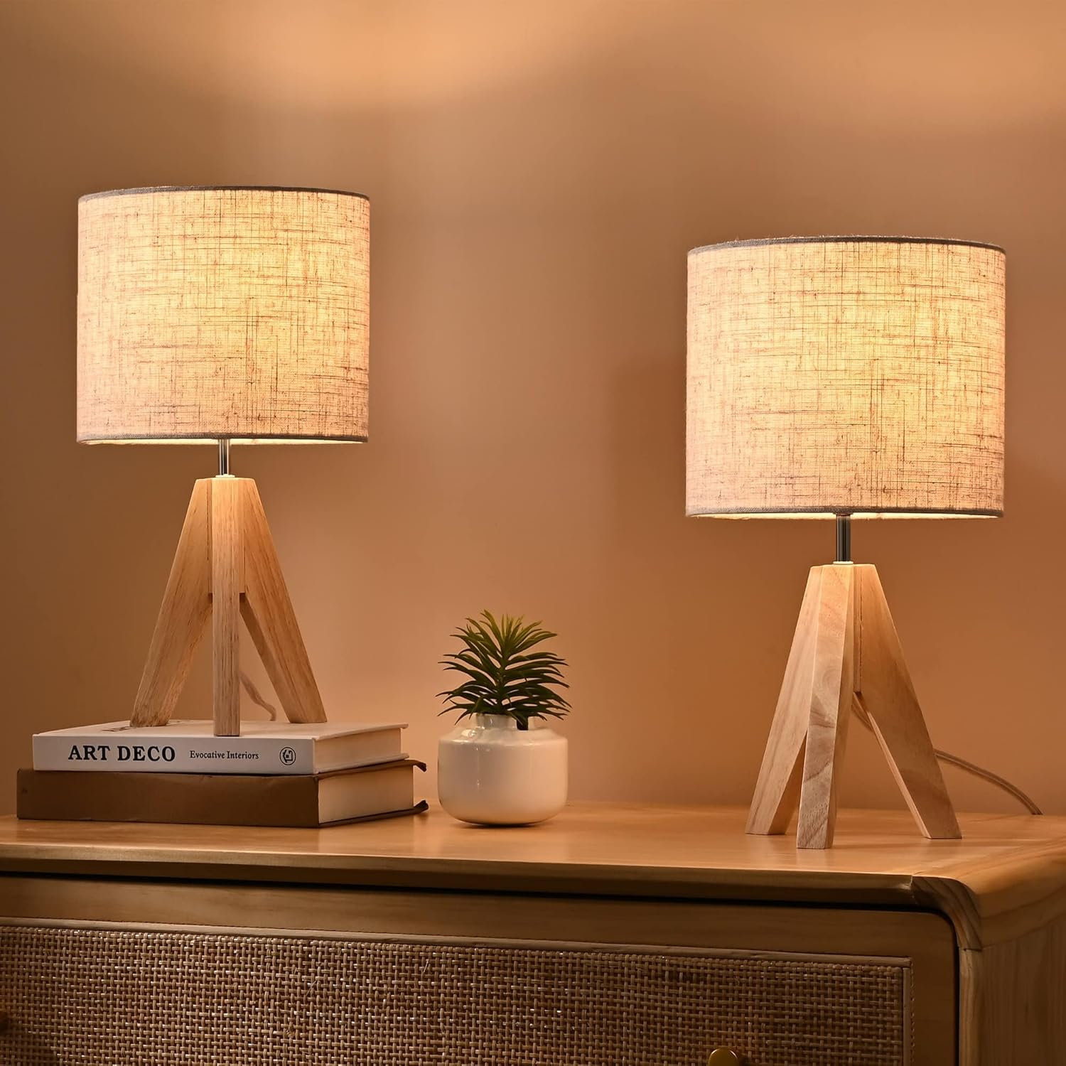 Set of 2 Wooden Bedside Table Lamps – Tripod Desk Lamps with Linen Shades, E27
