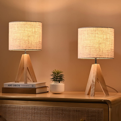 Set of 2 Wooden Bedside Table Lamps – Tripod Desk Lamps with Linen Shades, E27