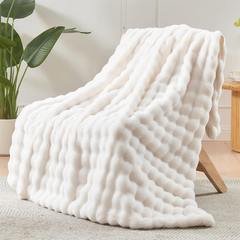 LINGKY Faux Rabbit Fur Throw Blanket – Reversible Fluffy Cozy Sofa & Bed Blanket, 100x160cm Cream White
