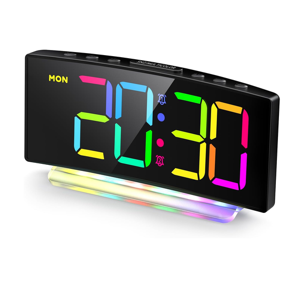 Curved Digital Alarm Clock with RGB Night Light, Snooze & Adjustable Brightness