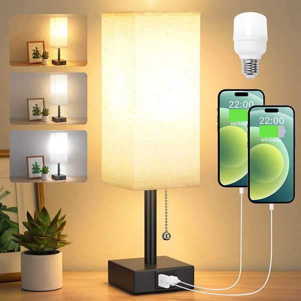 USB Bedside Table Lamp with 3 Color Modes & Pull Chain