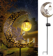 Solar Lights Outdoor Garden Ornaments – Moon Fairy Solar Crackle Glass Lights, Waterproof LED Metal Stake Light for Patio, Lawn & Pathway Decorations