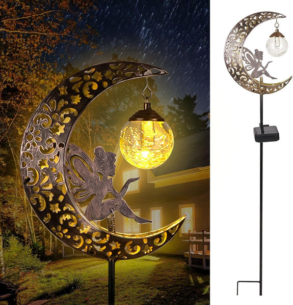 Solar Lights Outdoor Garden Ornaments – Moon Fairy Solar Crackle Glass Lights, Waterproof LED Metal Stake Light for Patio, Lawn & Pathway Decorations