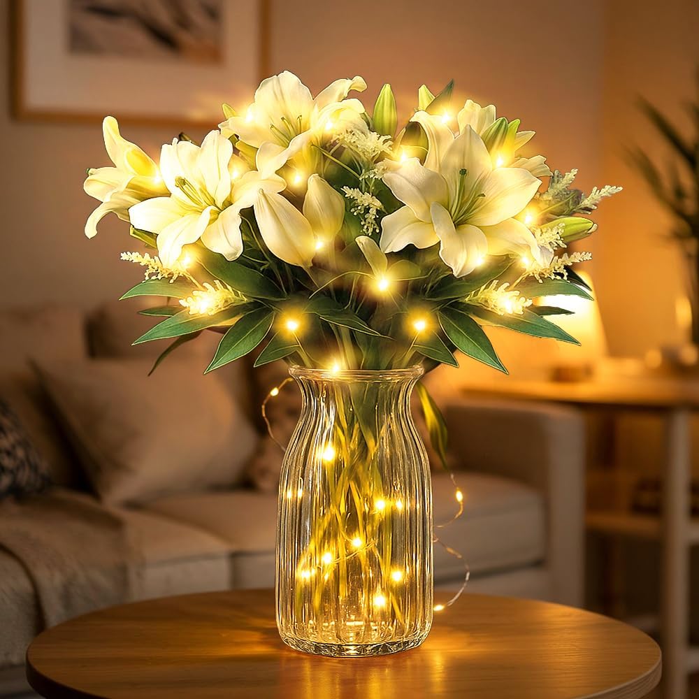 Artificial Lily & Eucalyptus Arrangement with LED Glass Vase