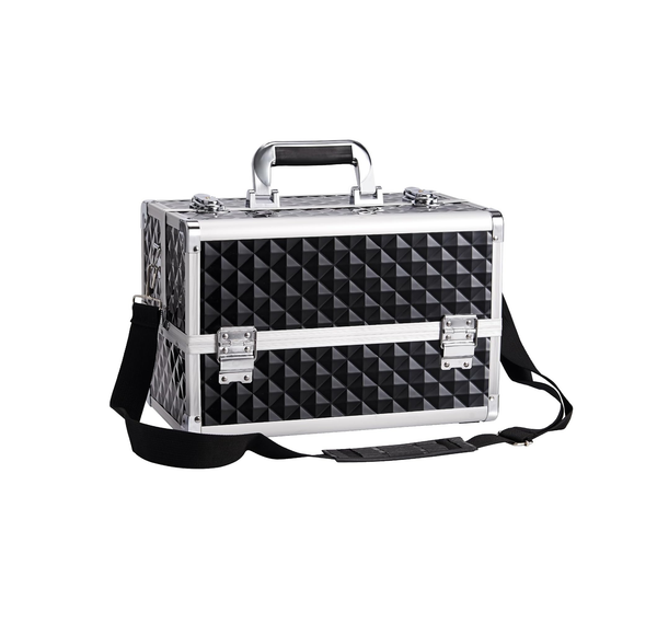 Large Black Makeup Organizer Box – Vanity Case with 4 Trays, Locks & Shoulder Strap