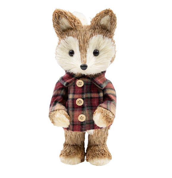 Benross Handcrafted Mrs. Fox Straw Figurine – Rustic Autumn Woodland Decoration in Tartan Outfit