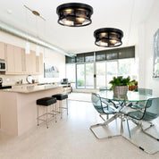 Industrial Round Black Ceiling Light with Dual E27 Fittings