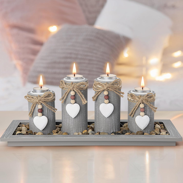 GoMaihe Set of 4 Candle Holders with Wooden Tray – Tealight Centerpiece Décor