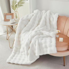 LINGKY Faux Rabbit Fur Throw Blanket – Reversible Fluffy Cozy Sofa & Bed Blanket, 100x160cm Cream White