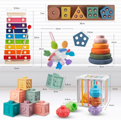 Aliex 6-in-1 Montessori Baby Toy – Stacking Rings, Blocks, Shape Sorter & Xylophone, 12+ Months