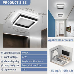 Square Modern Led Ceiling Light Fixture, 24W Black Flush Mount Hallway Ceiling Light Small Close to Ceiling Lamp for Living Room Bedroom Kitchen Balcony Cloakroom (Cool White, 6000K)